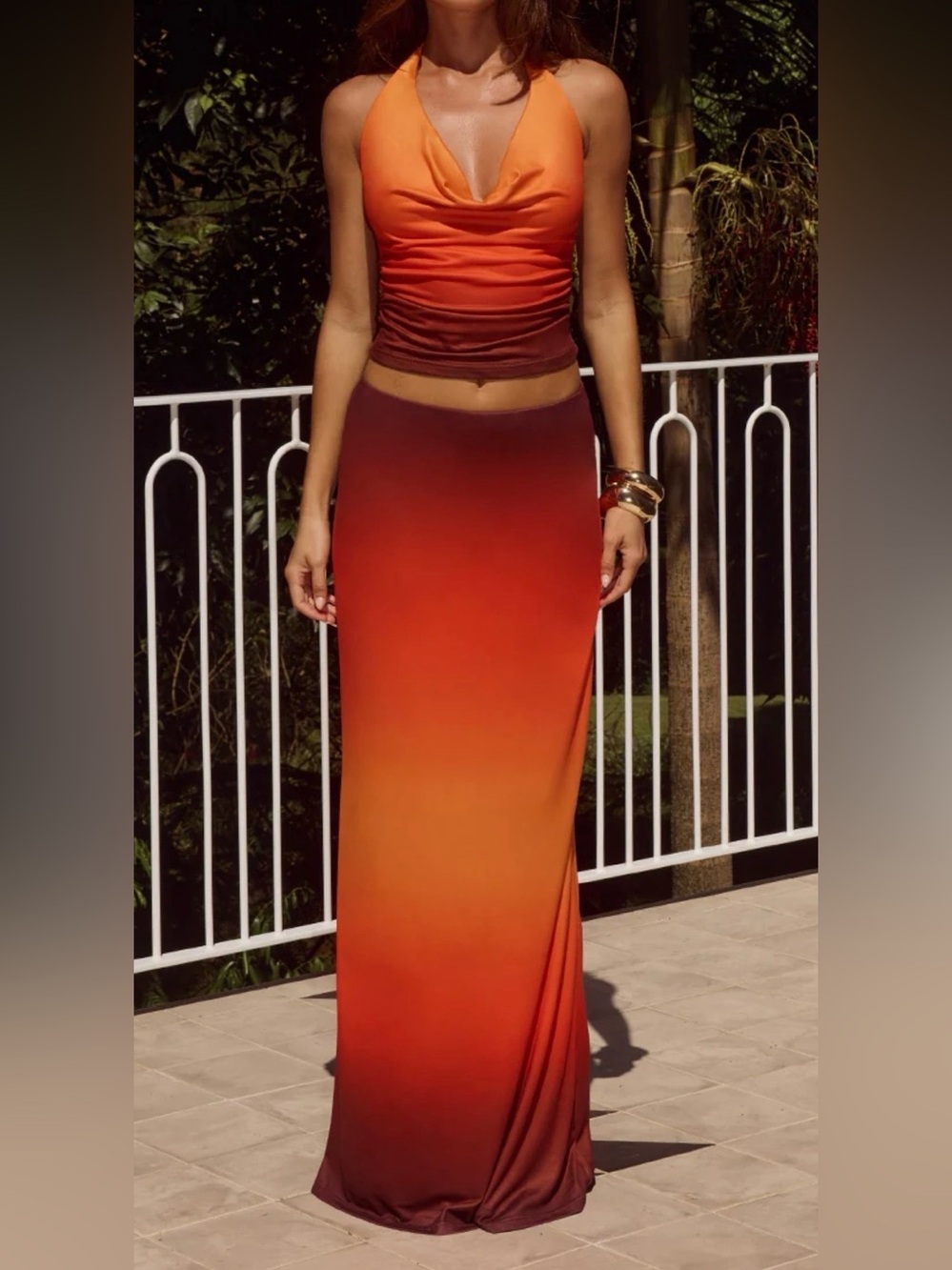 Runaway The Label Lotus Blaze Ombre Halter Top Maxi Skirt 2 Piece Set Medium